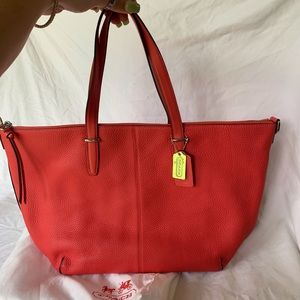 Coach Leather Large Tote Bag Purse In Bright Red and Gold